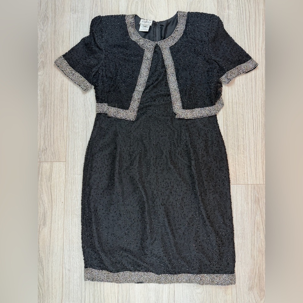 Stenay Black Beaded Sheath Dress Bolero Jacket Set Evening Formal Size L